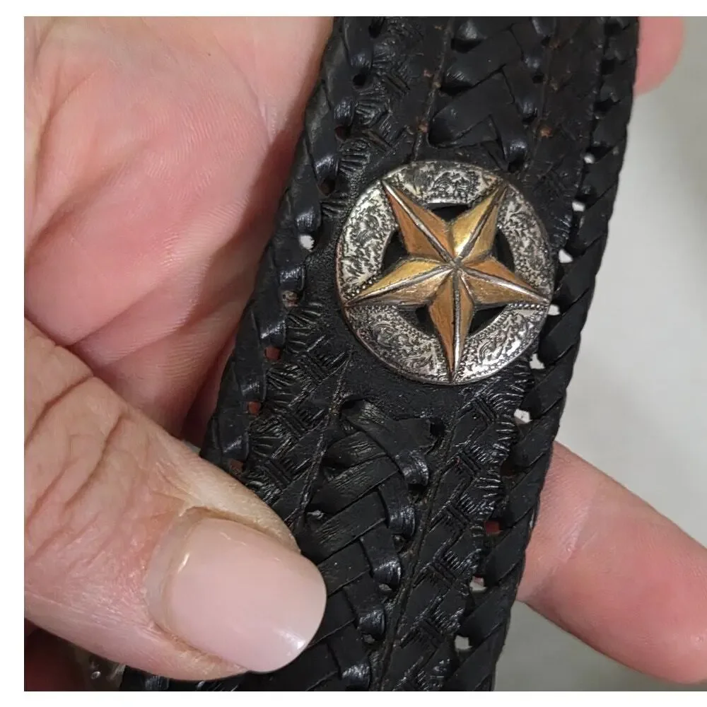 Vtg Braided Leather Western Star Concho BELT 40 Brown Silver Buckle Rodeo
